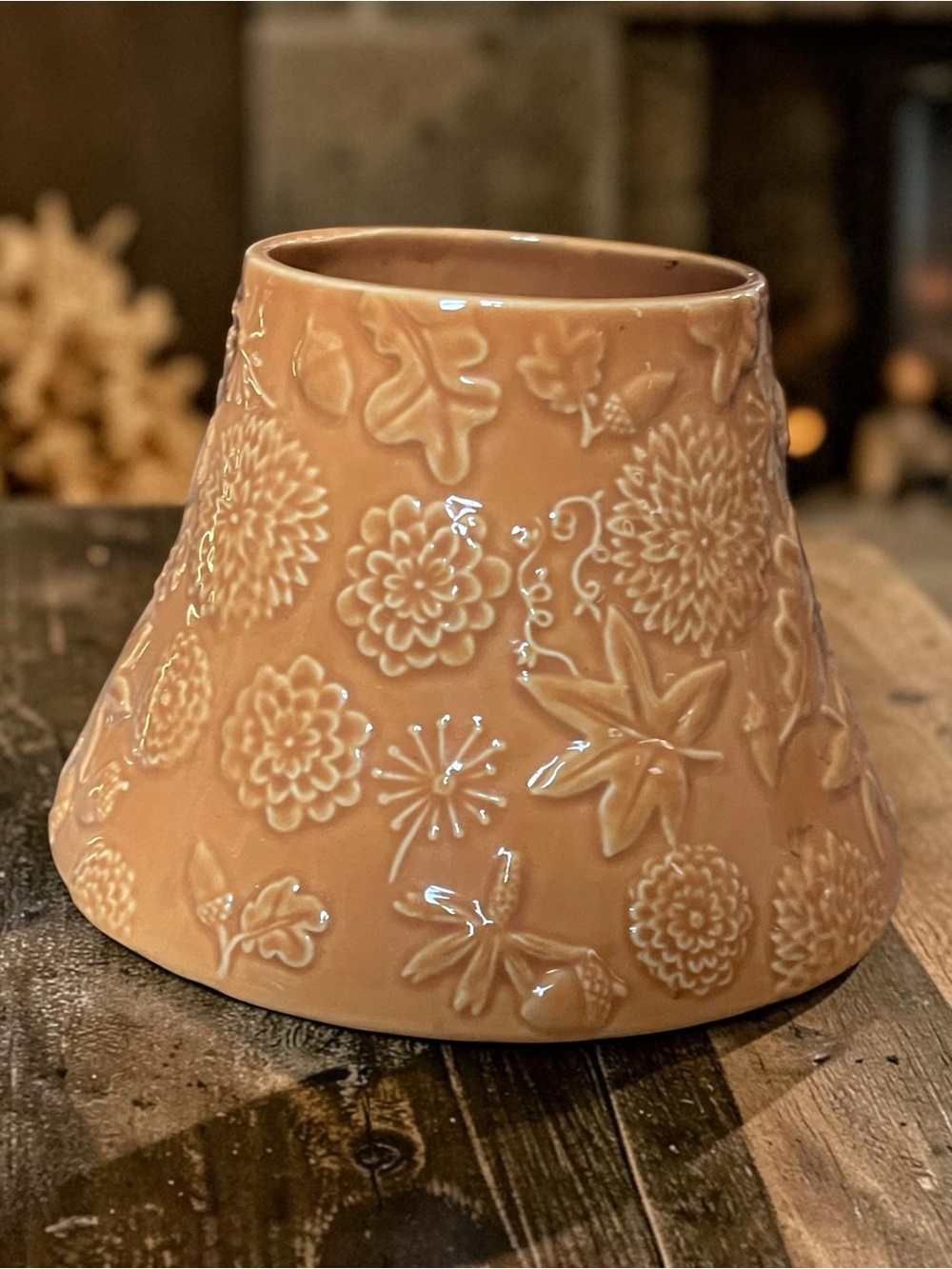 Hallmark Harvest Leaves Acorns Fall Candle Shade Topper Ceramic Orange 5”